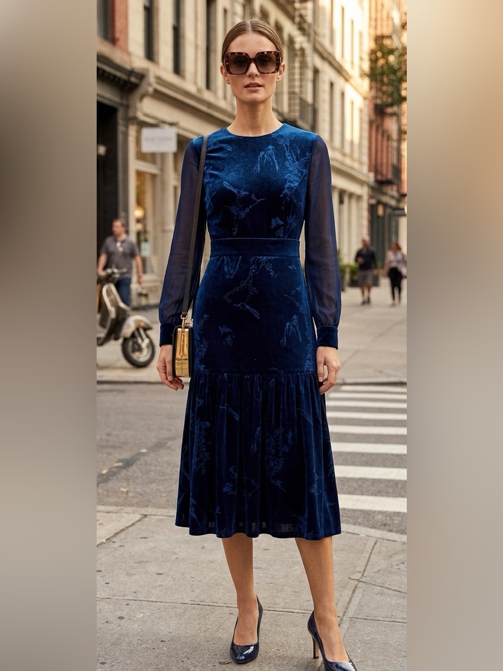 Chic Navy Velvet Midi Dress with Sheer Long Sleeves #394